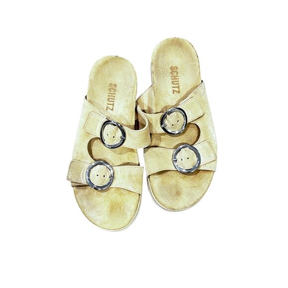 Schutz Light Tan Suede Double Buckle Flat Slip On Contoured Foodbed Sandals - Picture 7 of 9